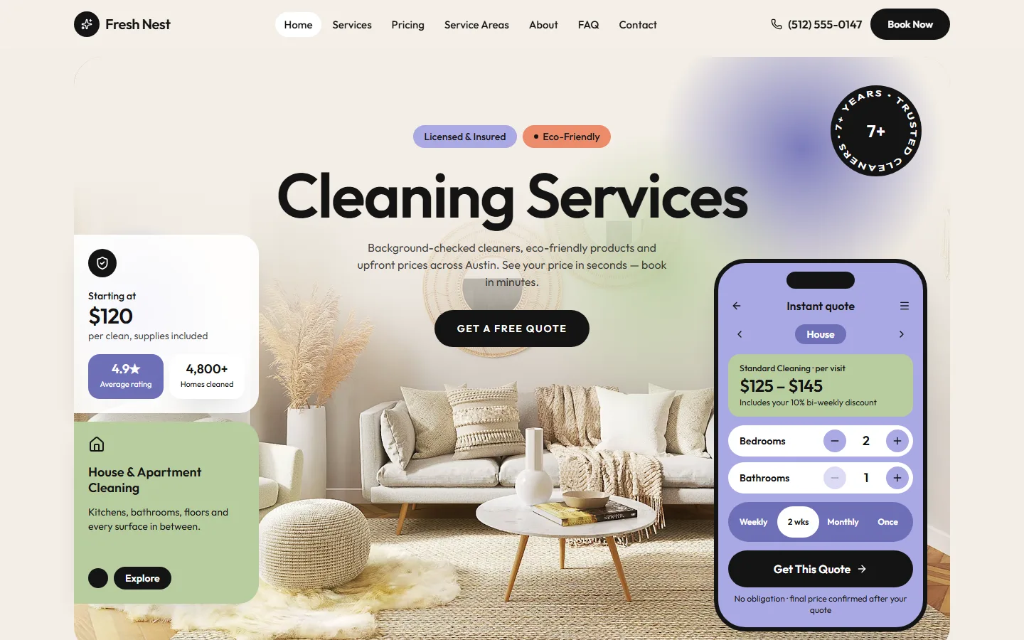 Fresh Nest Cleaning website, desktop view